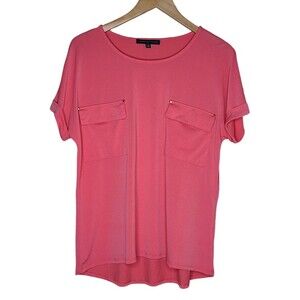 Adrienne Vittadini Blouse Women's Size Medium Coral Pink Short Sleeve Scoop Neck